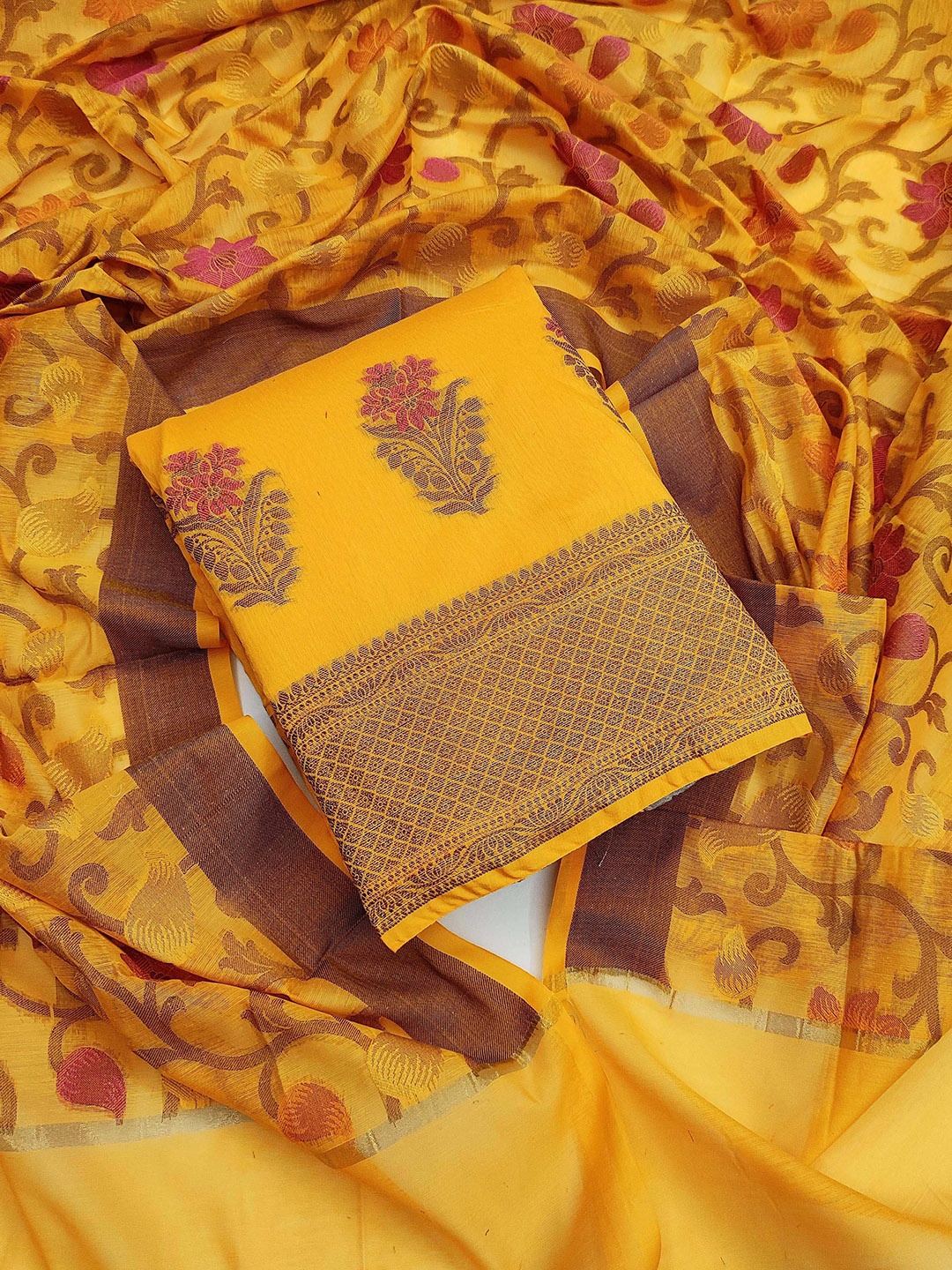 

Ishin Floral Woven Design Zari Unstitched Dress Material, Yellow