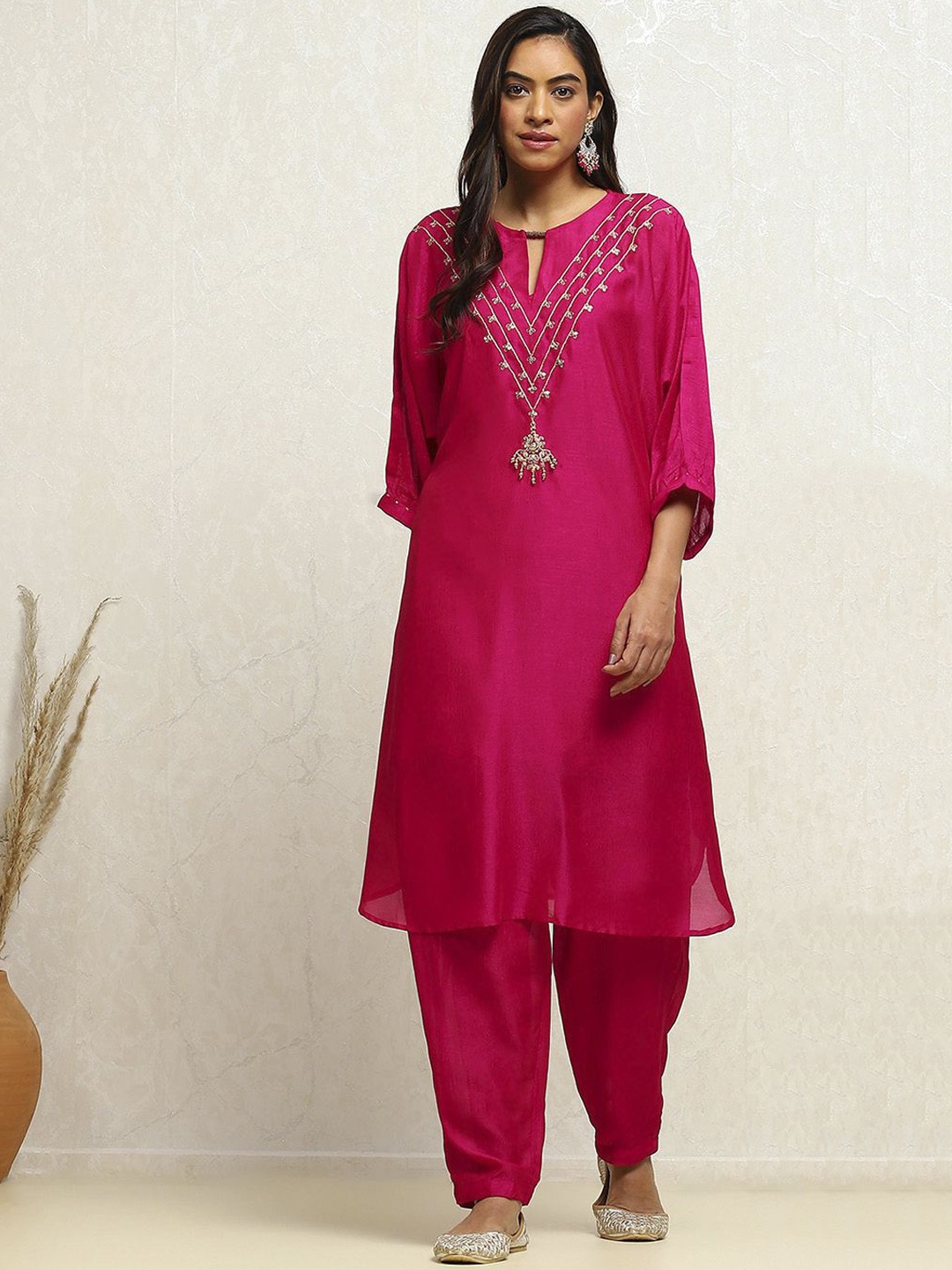 

Biba Women Ethnic Motifs Yoke Design Keyhole Neck A-Line Kurta with Salwar, Pink