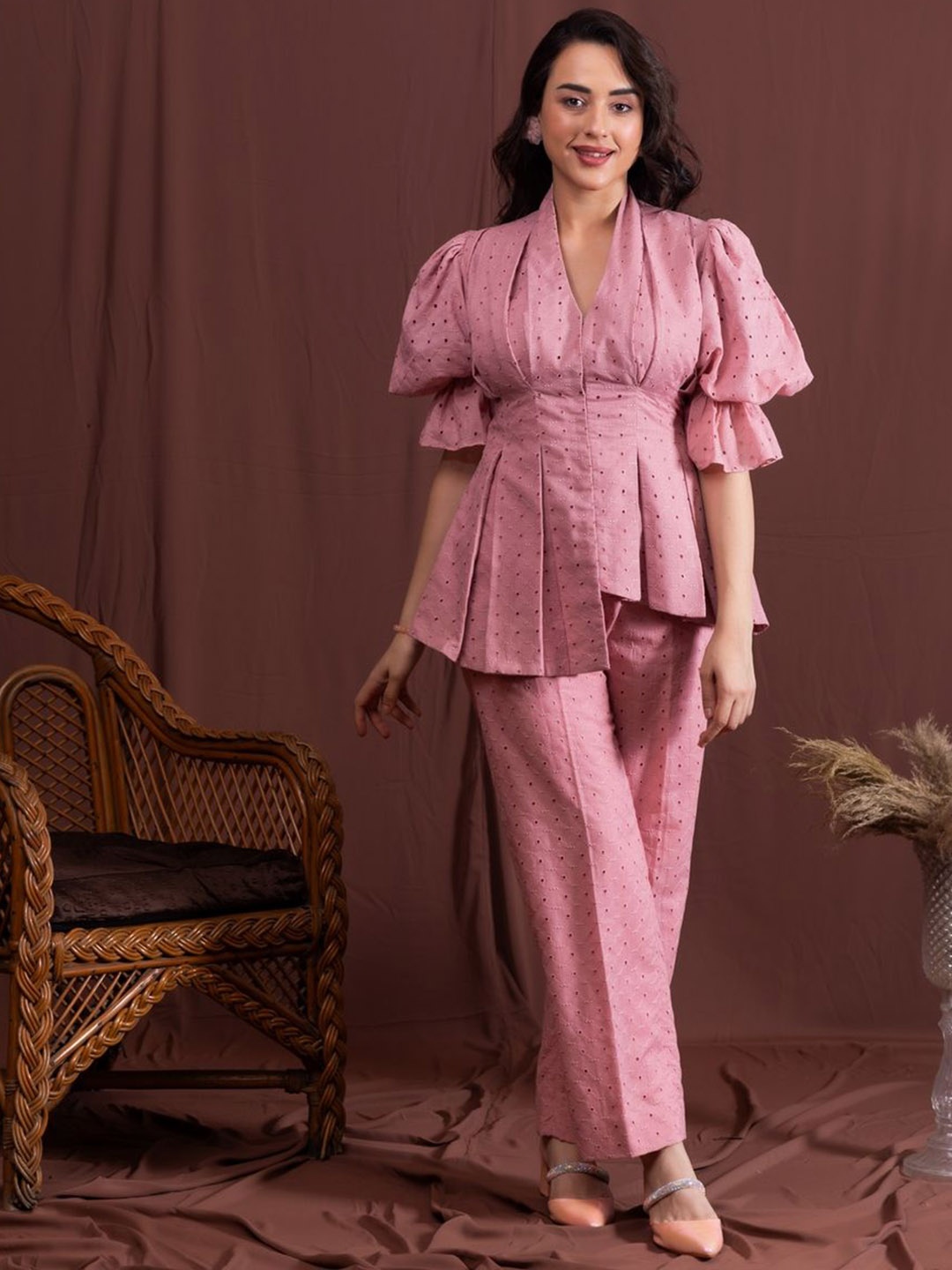 

ForYU Self Design V-Neck Top With Trousers, Pink