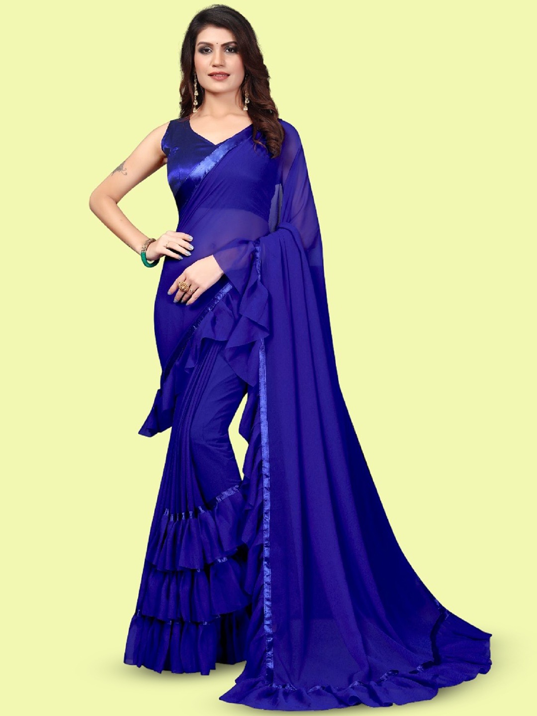 

Aika Solid Pure Georgette Ruffle Saree, Blue