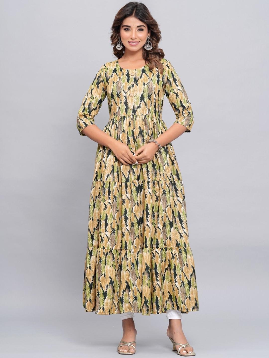 

Amar Palace Chikan Hazratganj Floral Printed Round Neck Empire Anarkali Kurta, Green
