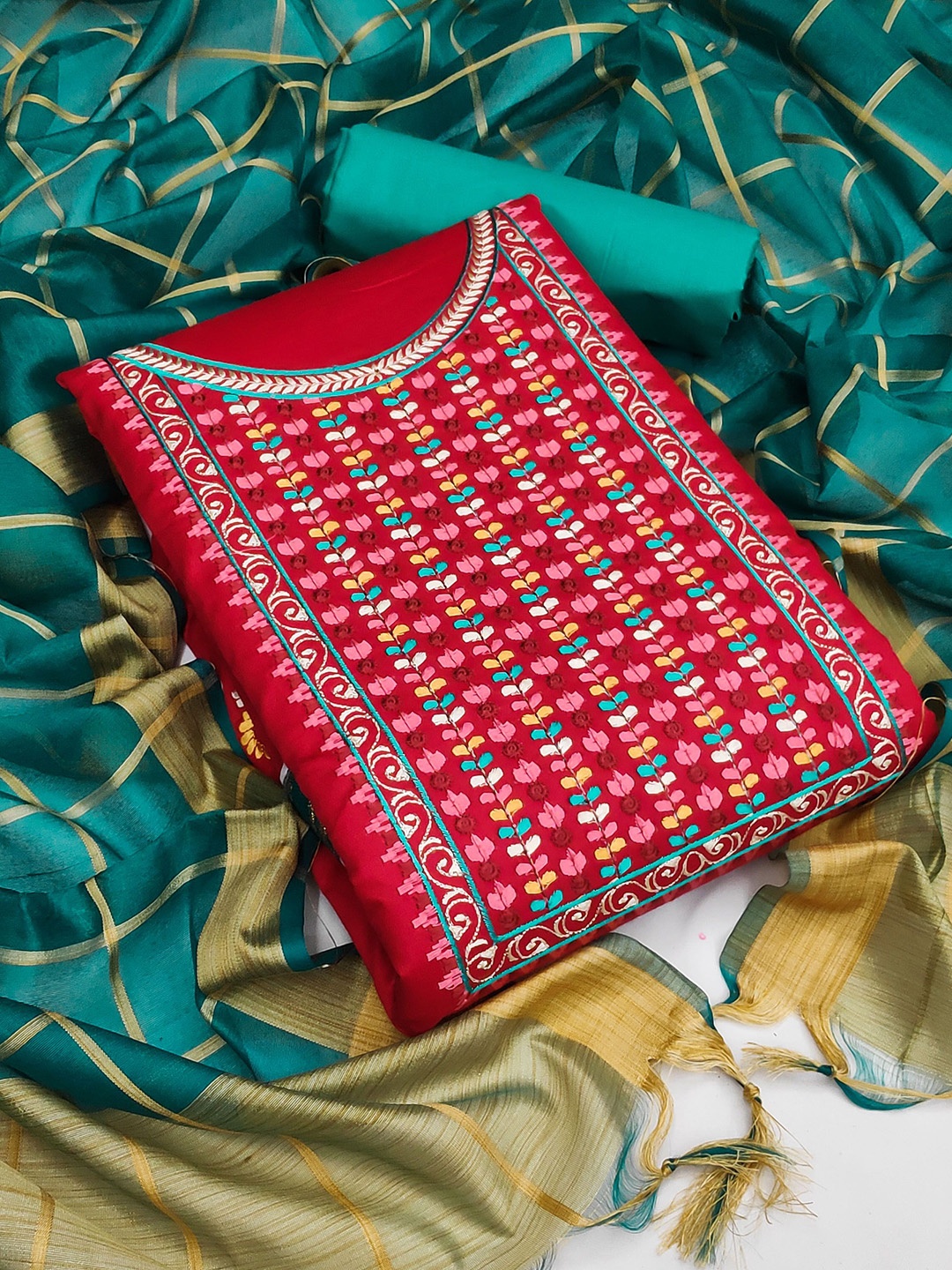 

Ishin Floral Embroidered Zari Work Unstitched Dress Material, Red