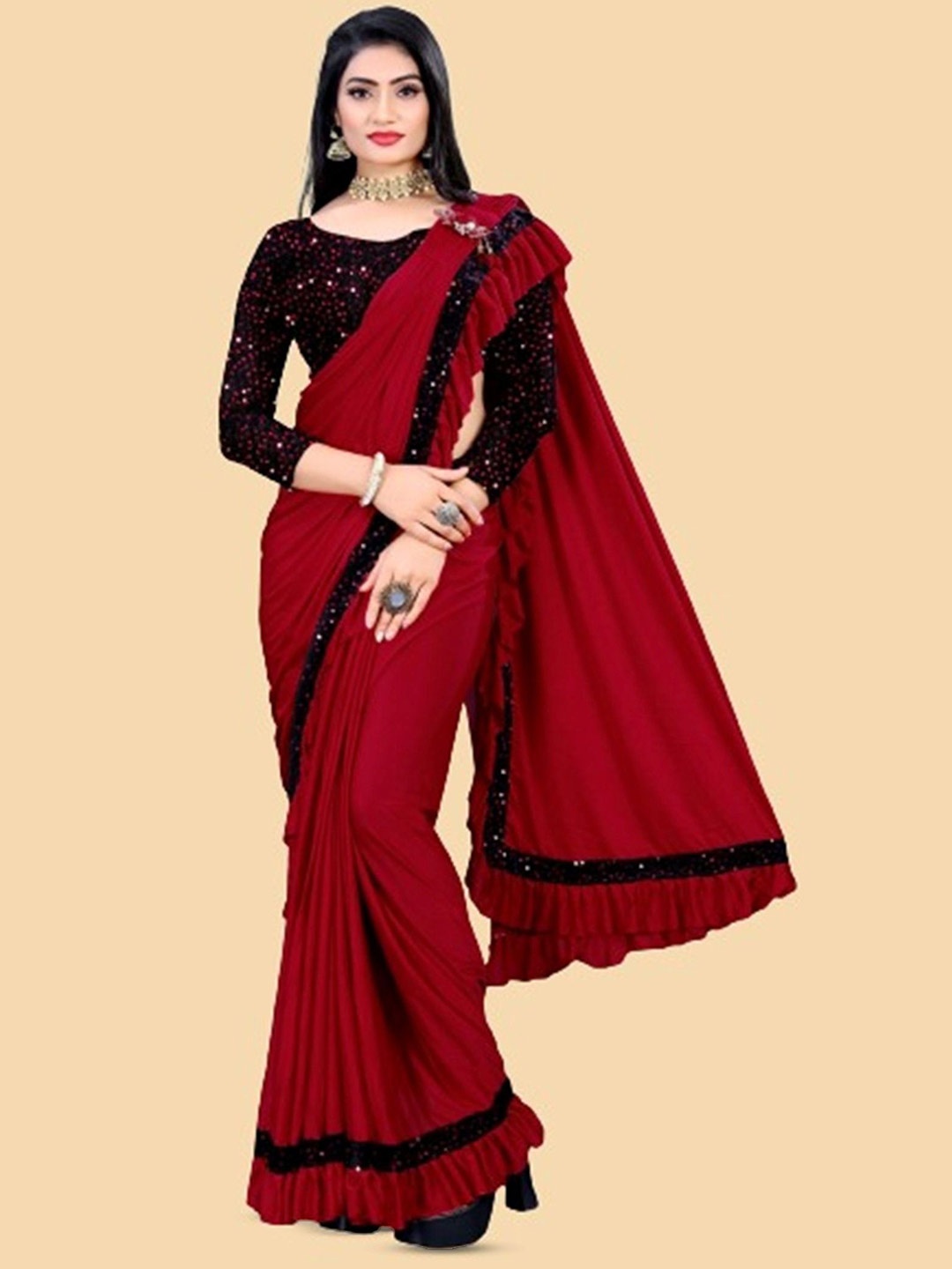 

Aika Sequinned Embellished Saree with blouse piece, Red