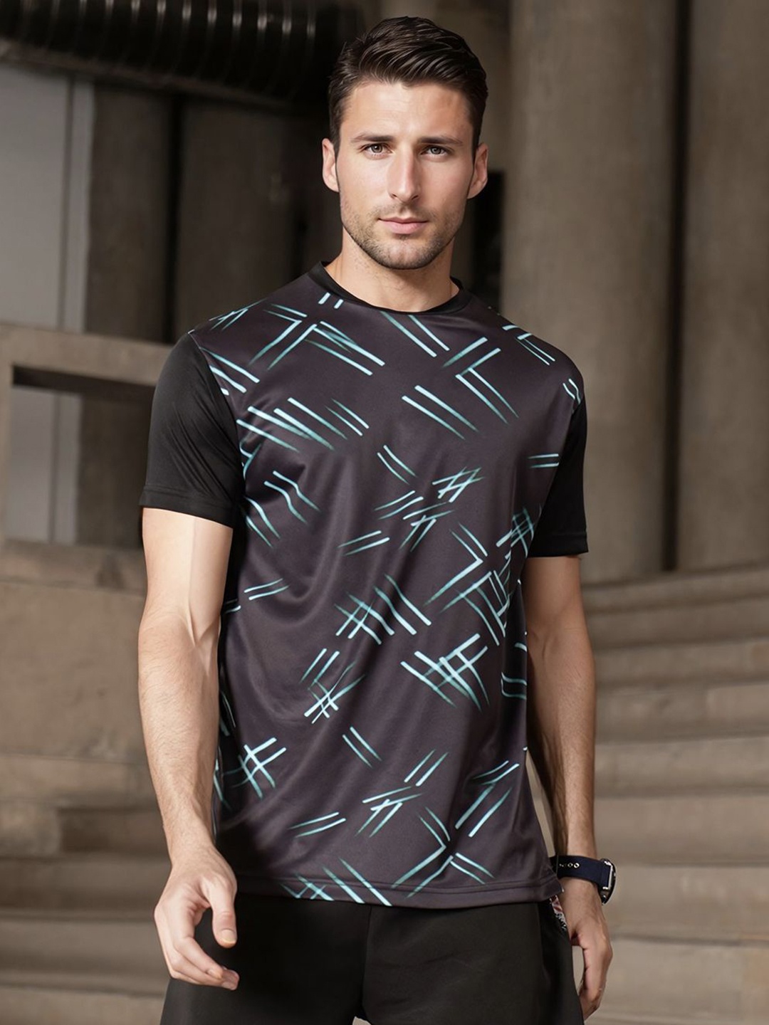 

Fit Monkey Men Dri-FIT Abstract Printed Round Neck T-Shirt, Black