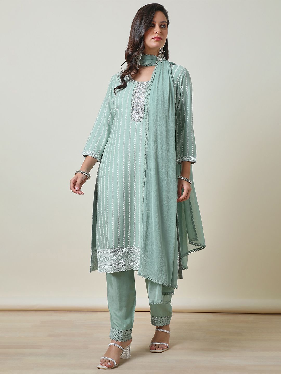 

Soch Floral Embroidered Threa Work Straight Kurta with Trousers & Dupatta, Green