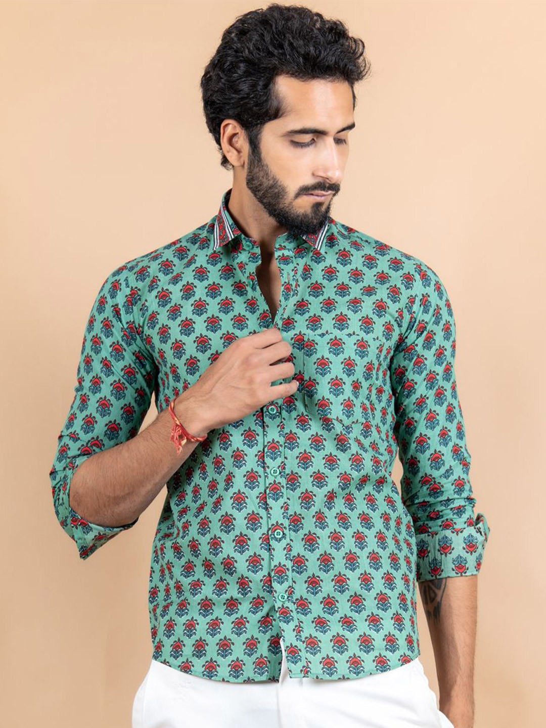 

Tistabene Men Standard Spread Collar Conversational Printed Cotton Casual Shirt, Green