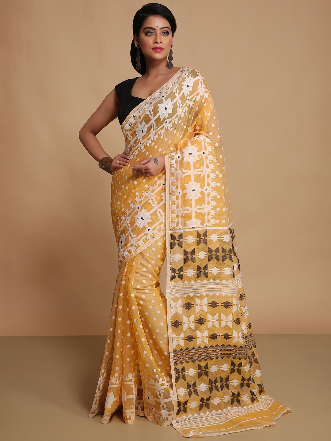 

BENGAL HANDLOOM Women Woven Design Taant Saree, Yellow