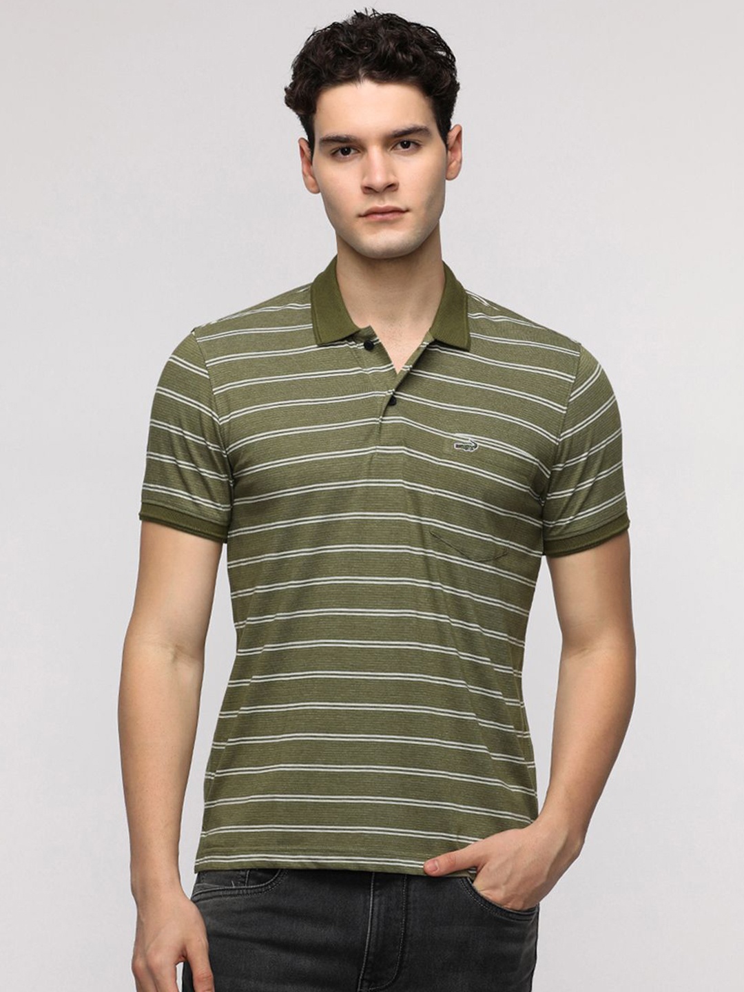 

Crocodile Men Striped Polo Collar Cotton Slim Fit T-Shirt, Olive