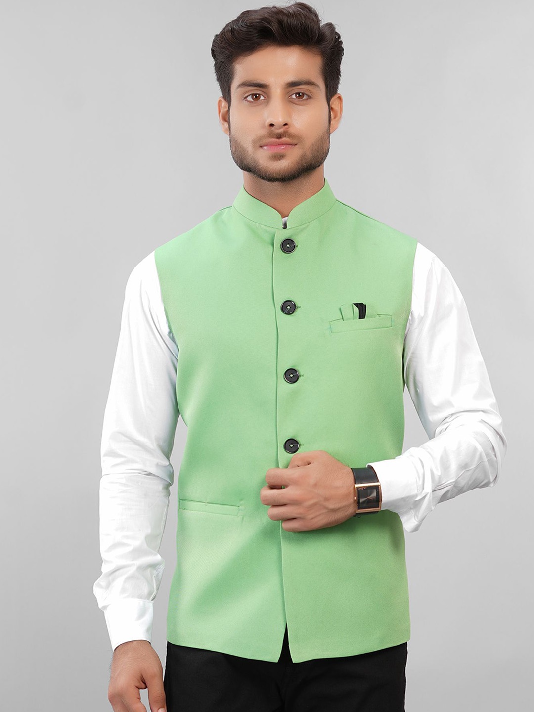 

LA'SCOOT Mandarin Collar Nehru Jacket, Sea green