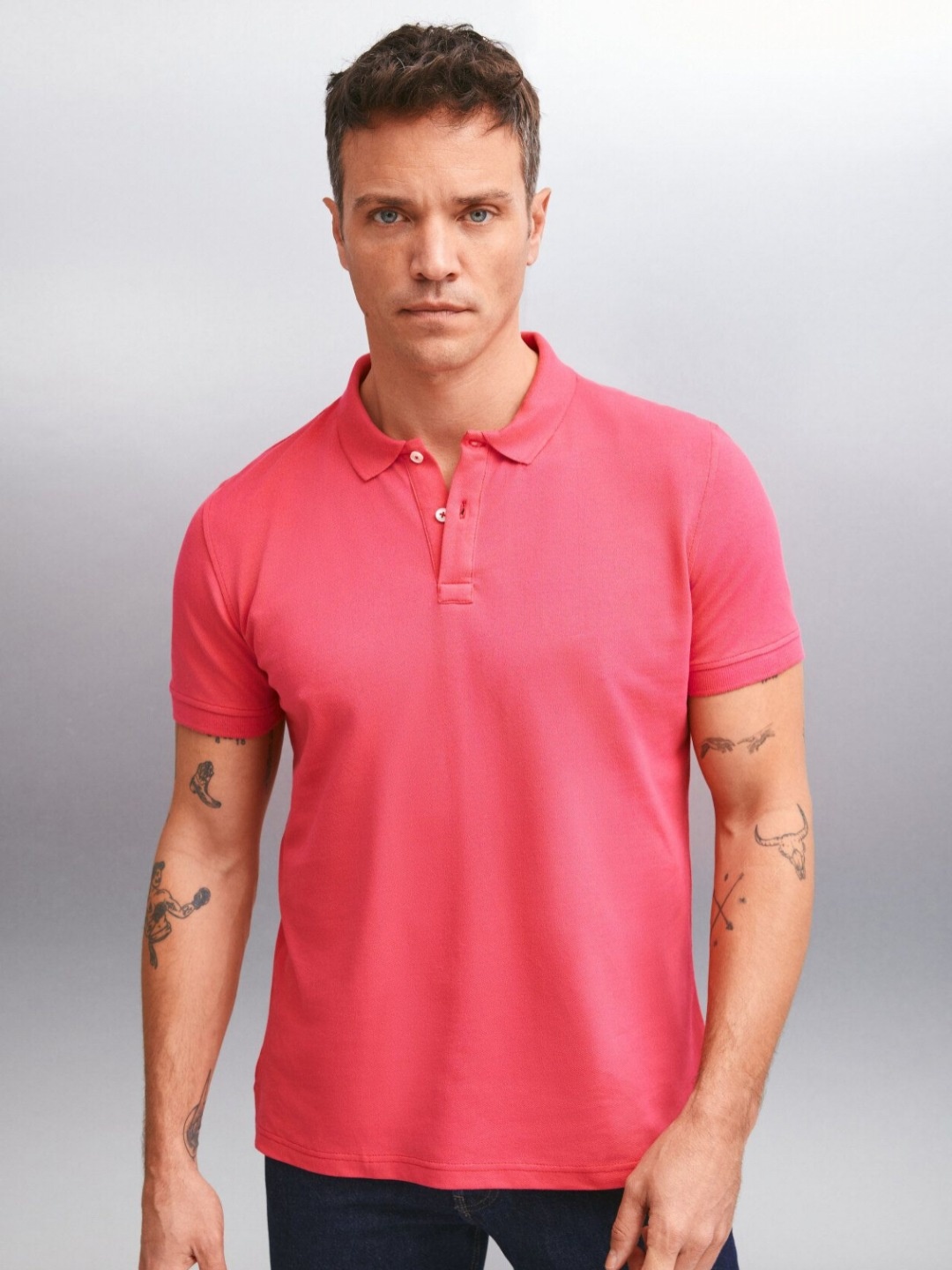 

GRIMELANGE Men Solid Polo Collar Cotton T-Shirt, Pink