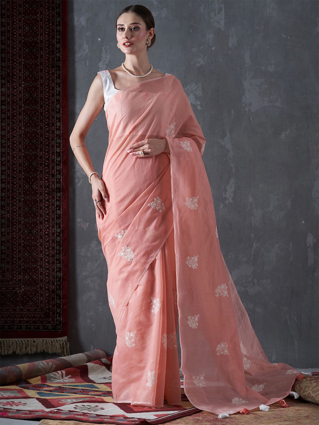 

KALINI Floral Embroidered Saree, Peach