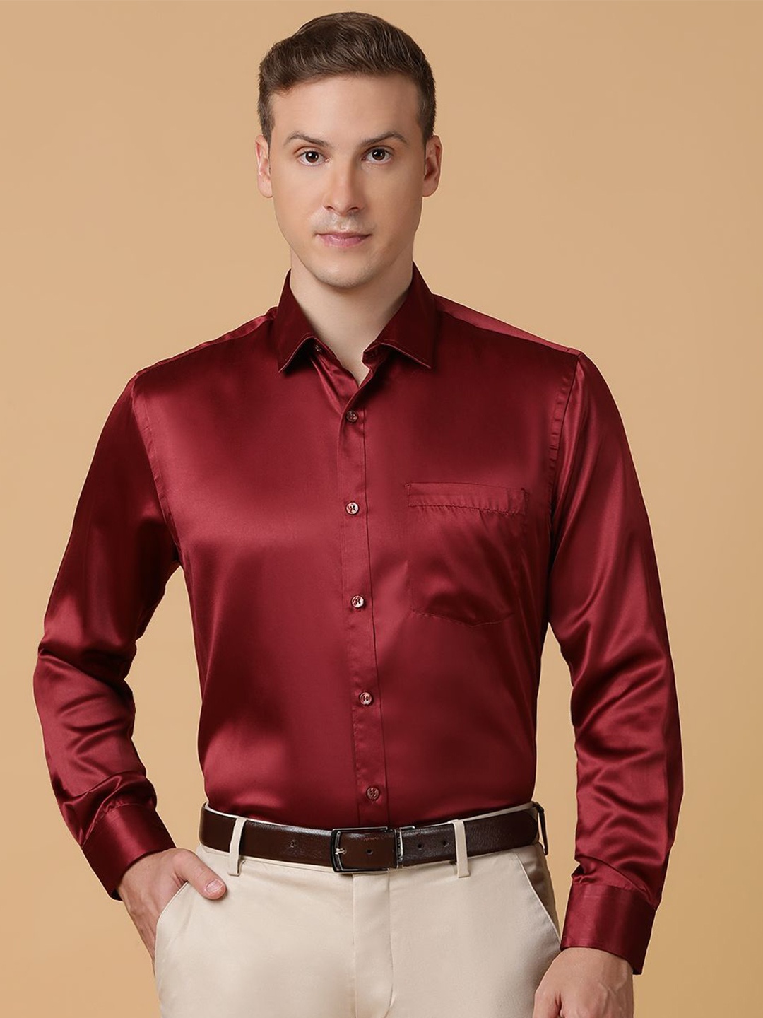 

TABARD Men Spread Collar Solid Cotton Formal Shirt, Red
