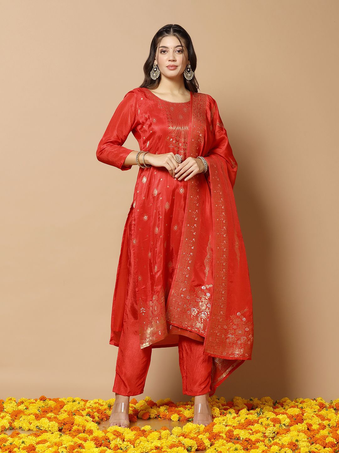 

BAESD Floral Woven Design Kurta With Trousers & Dupatta, Red