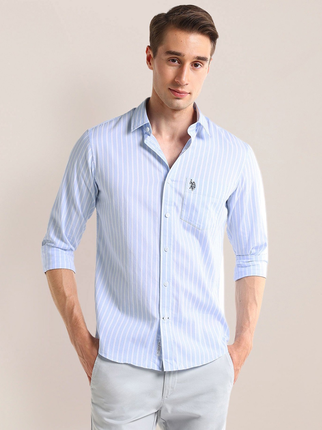 

U.S. Polo Assn. Men Classic Spread Collar Striped Cotton Casual Shirt, Blue