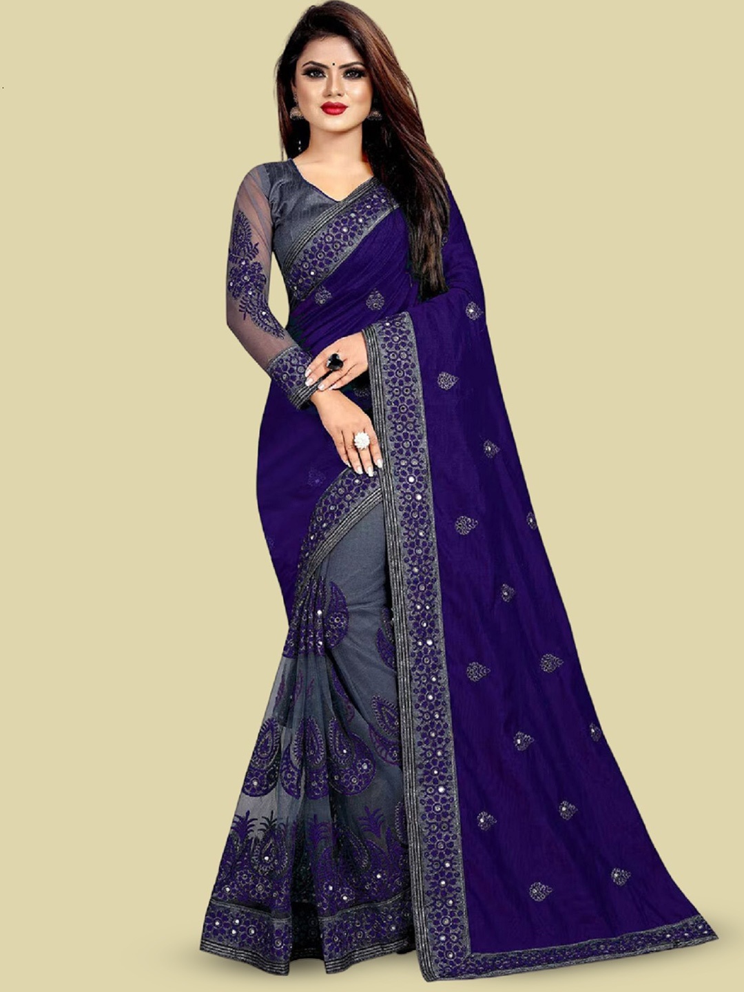 

Aika Ethnic Motifs Embroidered Half and Half Saree, Navy blue