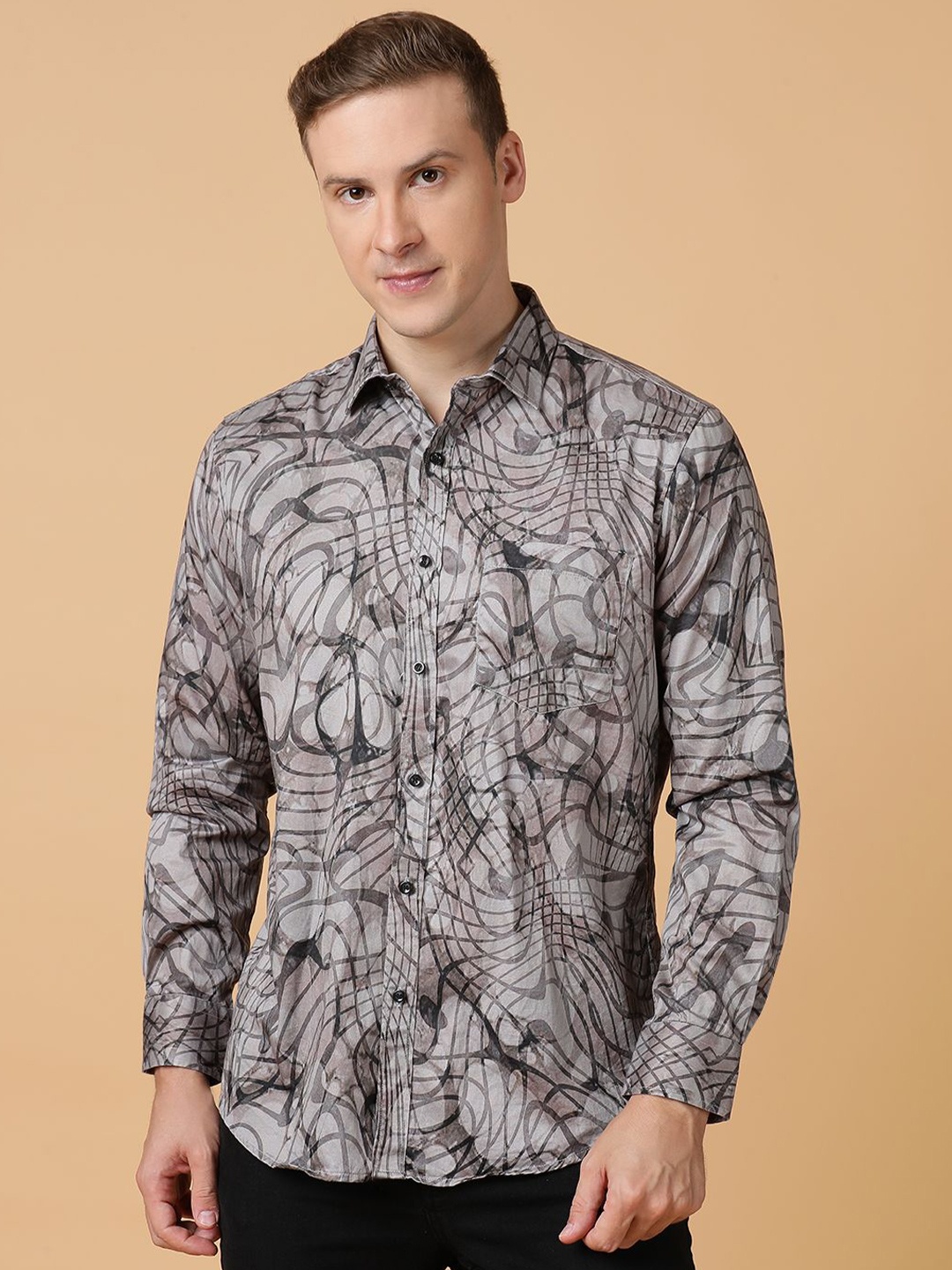 

TABARD Men Spread Collar Abstract Printed Cotton Casual Shirt, Grey