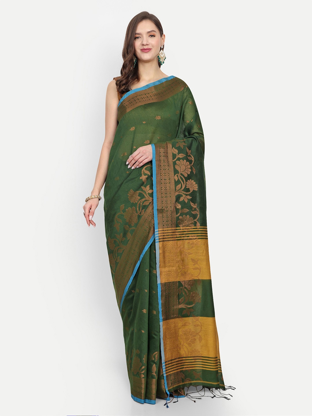 

BENGAL HANDLOOM Women Ethnic Motifs Taant Saree, Green