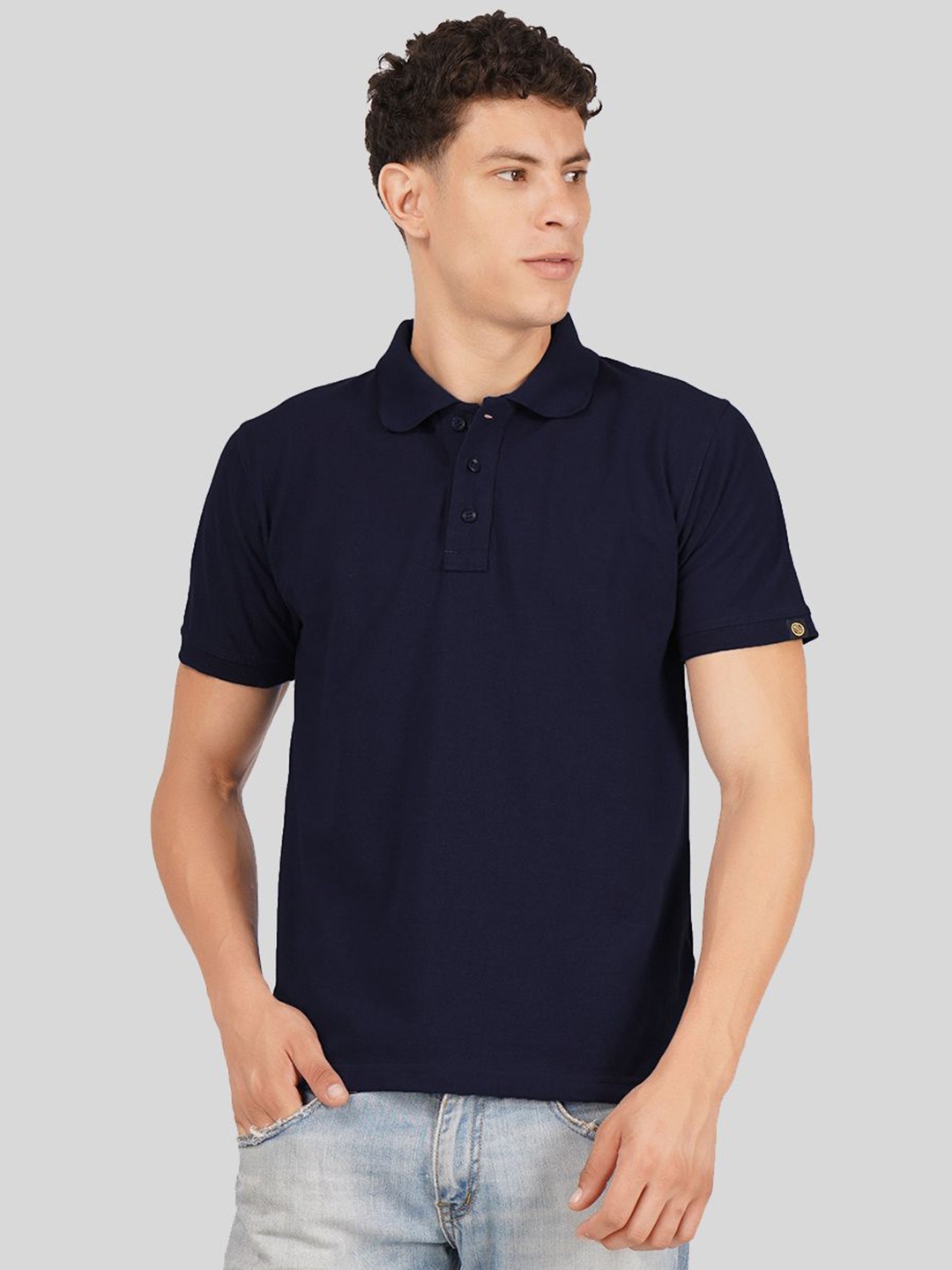 

Greylongg Men Polo Collar Applique T-shirt, Navy blue