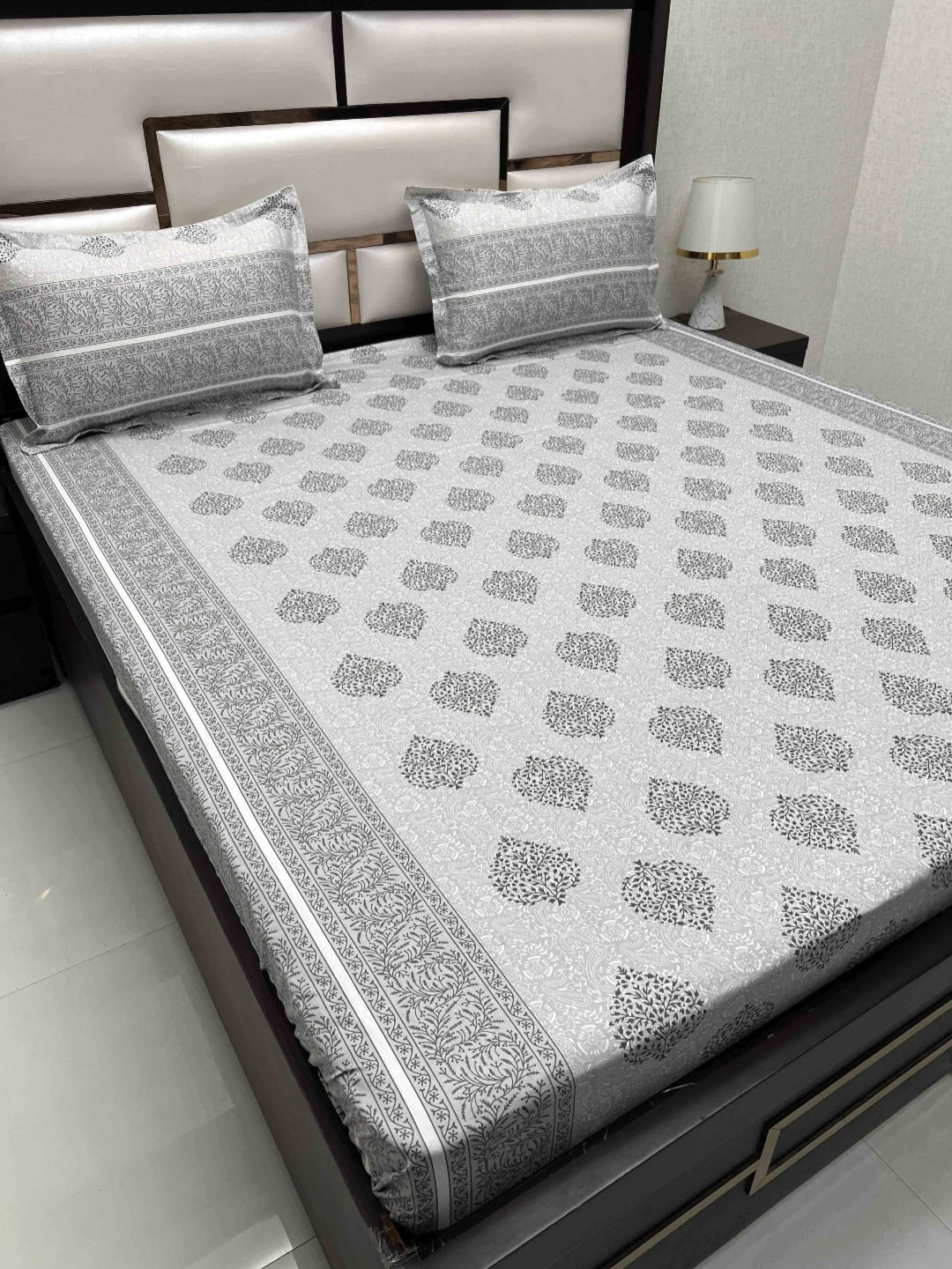 

Pure Decor Grey Ethnic Motifs 400 TC Pure Cotton Queen Bedsheet with 2 Pillow Covers