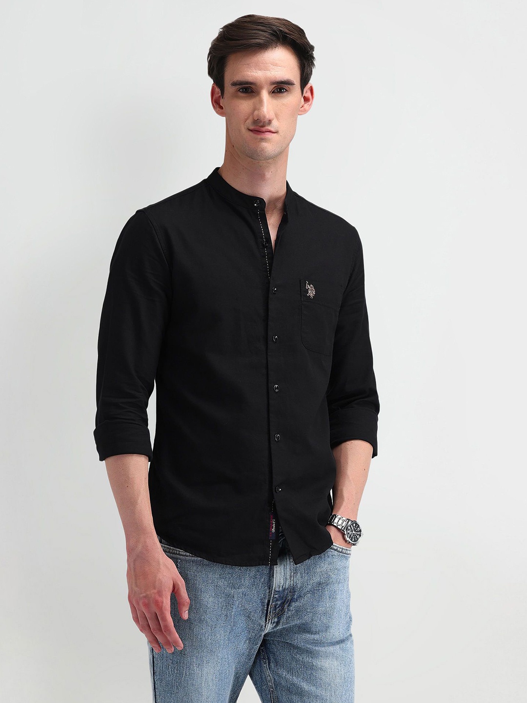 

U.S. Polo Assn. Men Modern Band Collar Solid Cotton Slim Fit Casual Shirt, Black