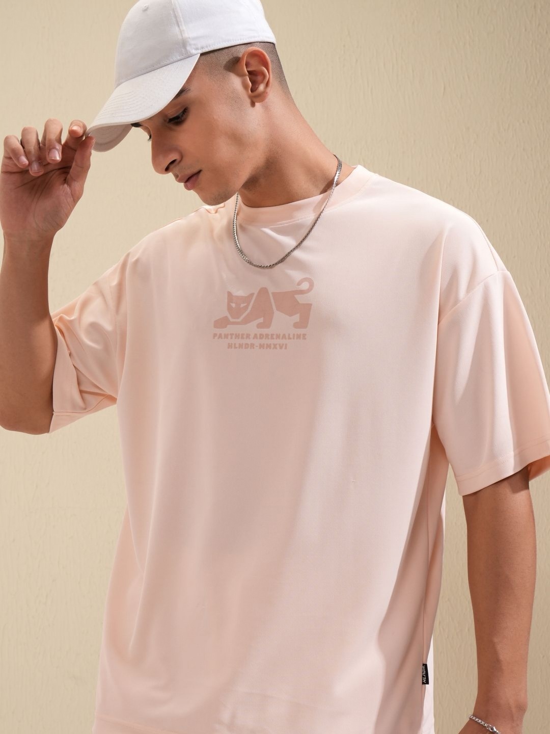 

HIGHLANDER Men Graphic Printed Round Neck Oversized T-Shirt, Peach