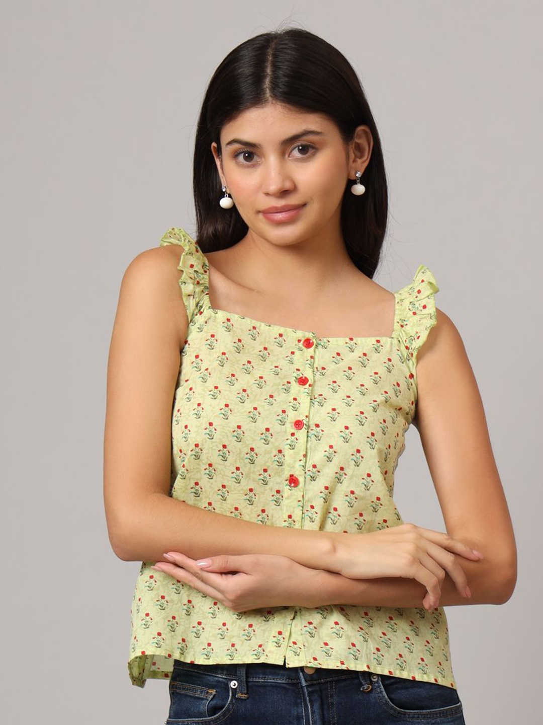 

FABRIC FITOOR Floral Print Cotton Boxy Crop Top, Green