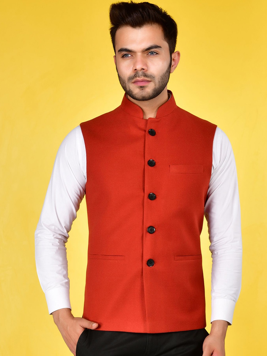 

LA'SCOOT Mandarin Collar Nehru Jacket, Rust