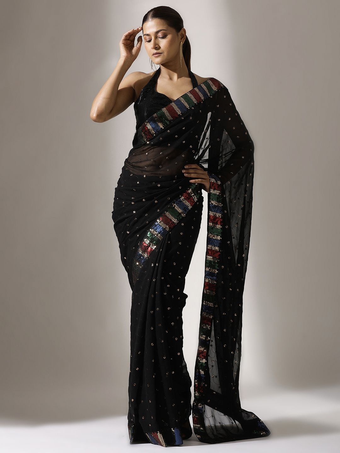 

Qahal Embellished Sequinned Pure Georgette Saree, Black