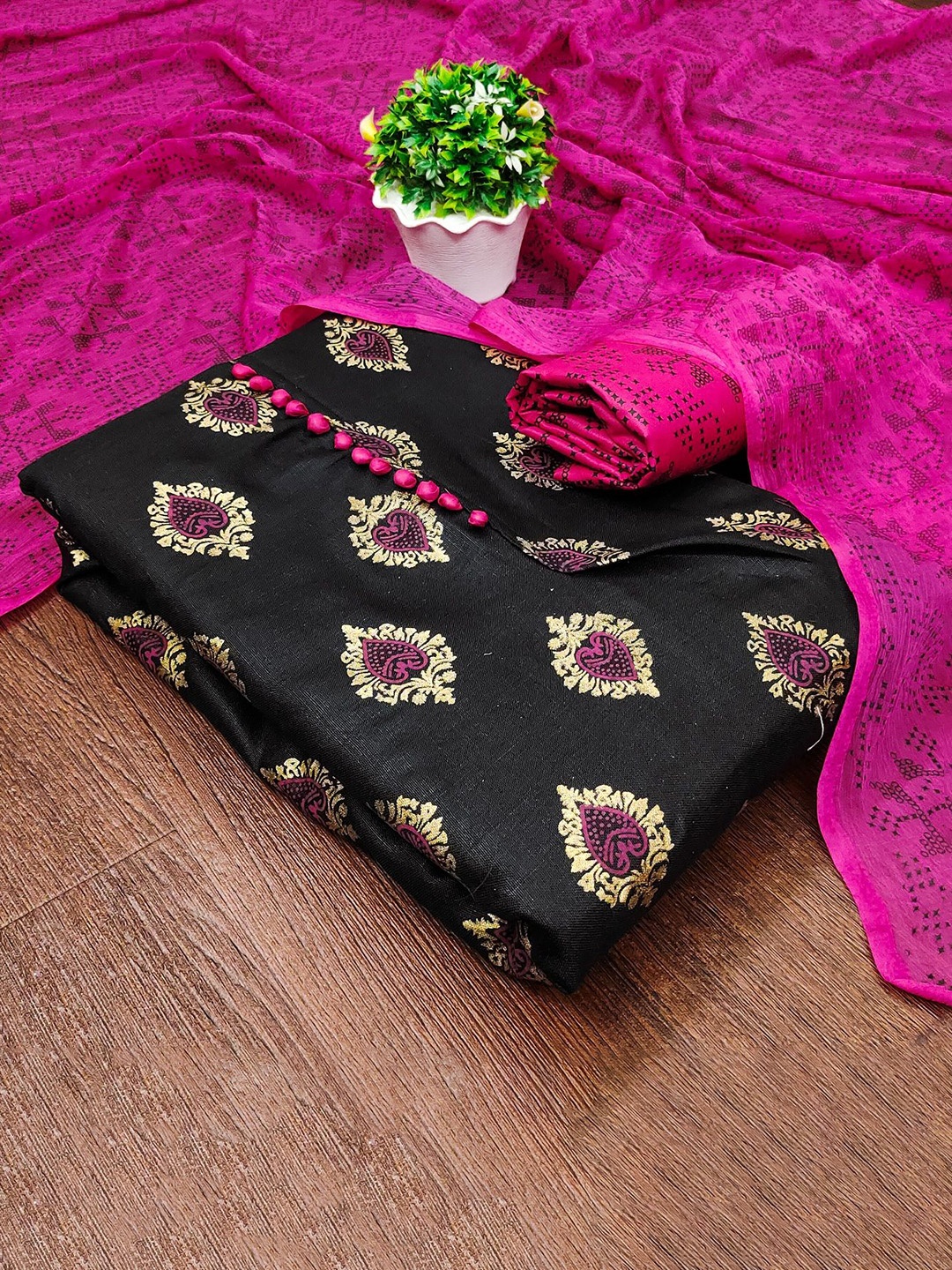 

APNISHA Ethnic Motifs Woven Design Zari Unstitched Dress Material, Pink