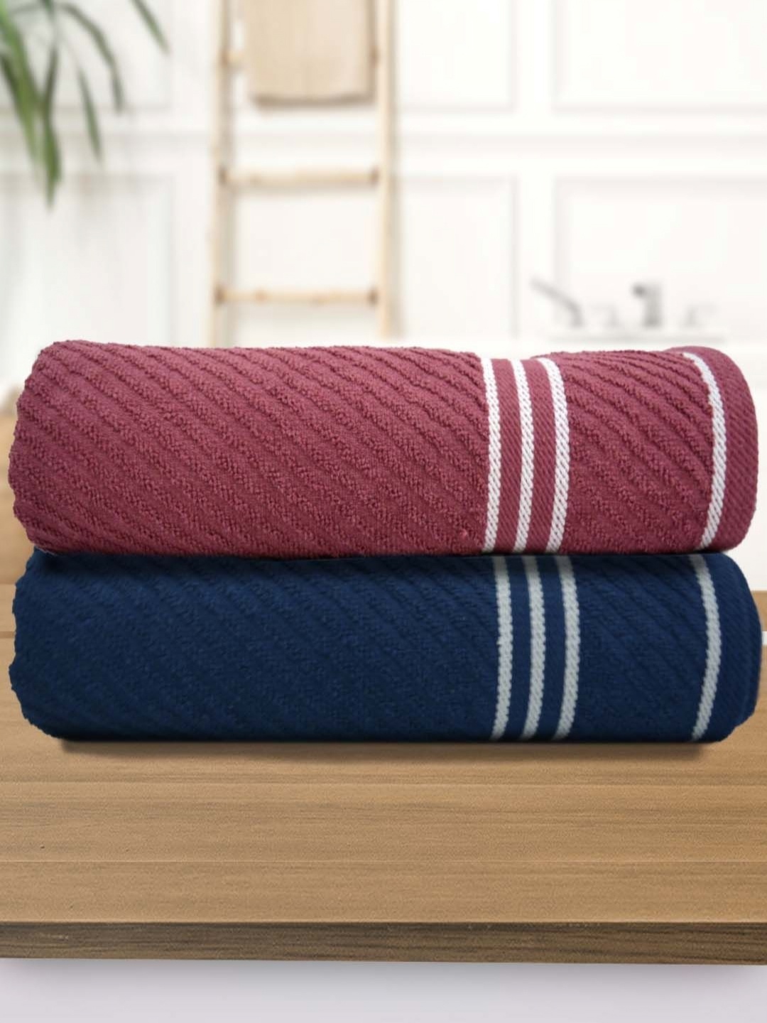 

Aura Athom Living Maroon & Navy Blue 2 Pieces Striped 400 GSM Bath Towel