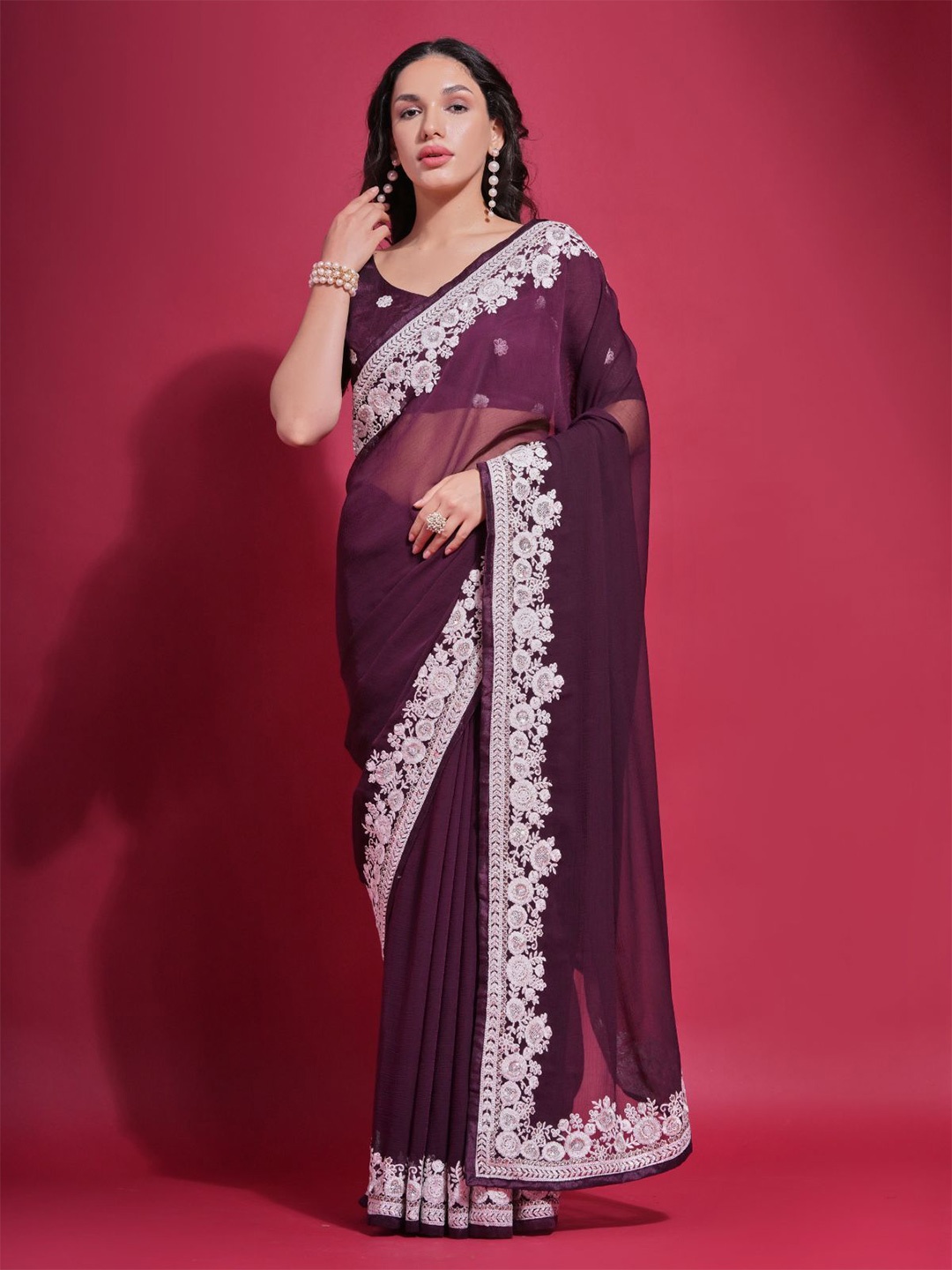 

ODETTE Sequinned Poly Georgette Saree, Purple