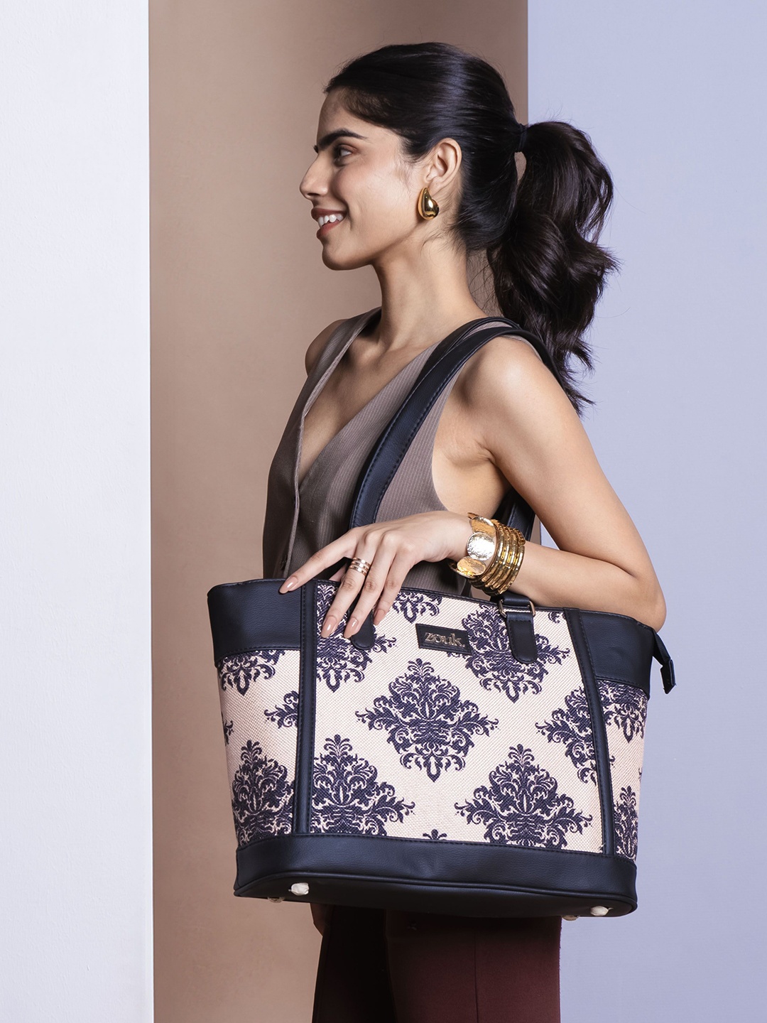 

ZOUK Ethnic Motifs Printed Structured Tote Bag, Cream