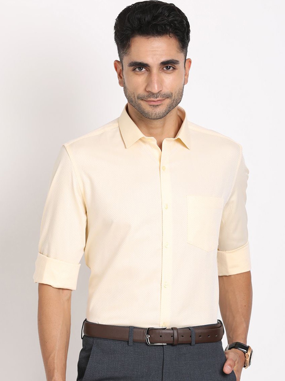 

Turtle Men Standard Spread Collar Solid Cotton Formal Shirt, Beige