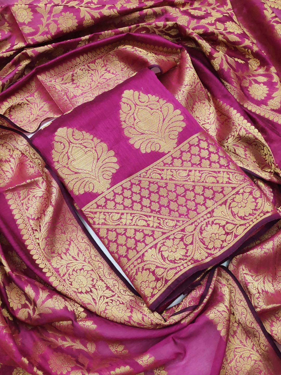 

Ishin Floral Woven Design Zari Unstitched Dress Material, Pink