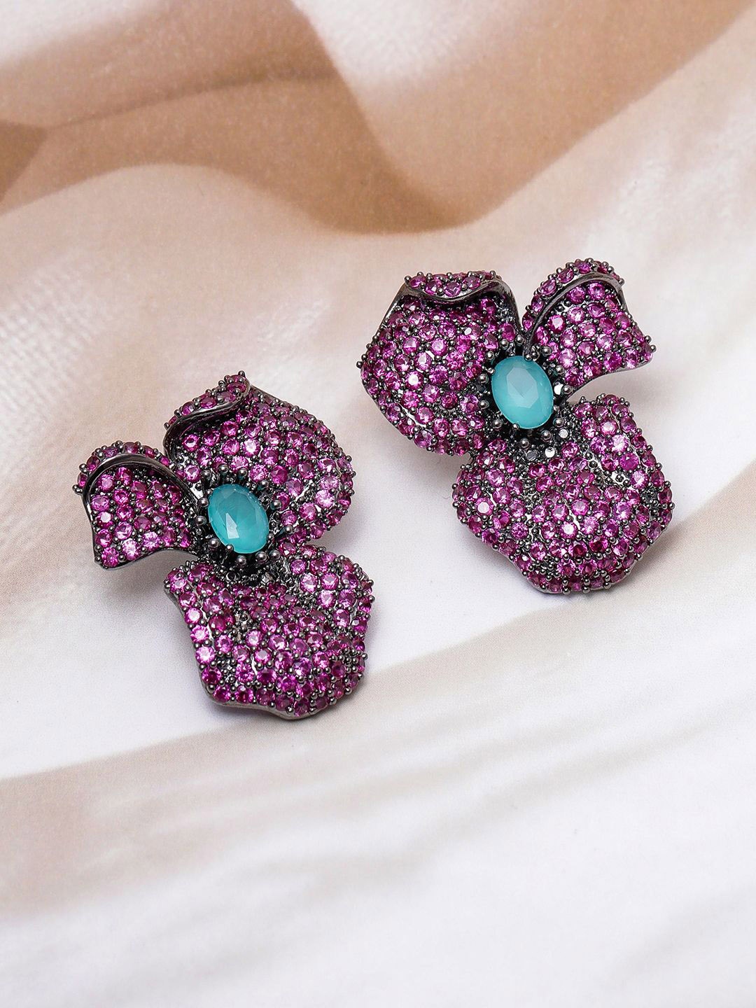 

Rubans Rhodium-Plated Ruby & Turquoise Cubic Zirconia Studded Oversized Floral Earrings, Silver