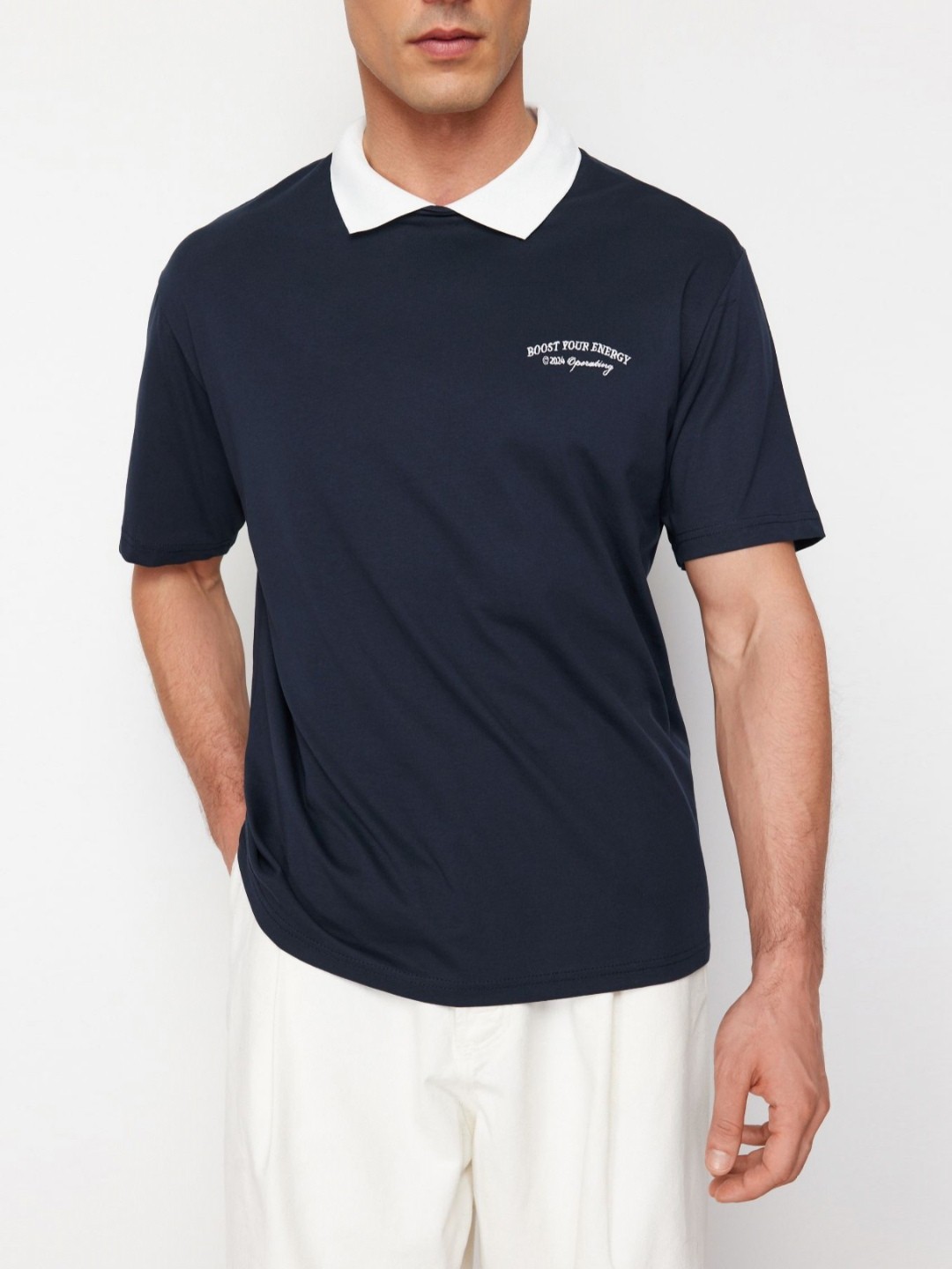 

Trendyol Men Solid Polo Collar Cotton T-Shirt, Navy blue