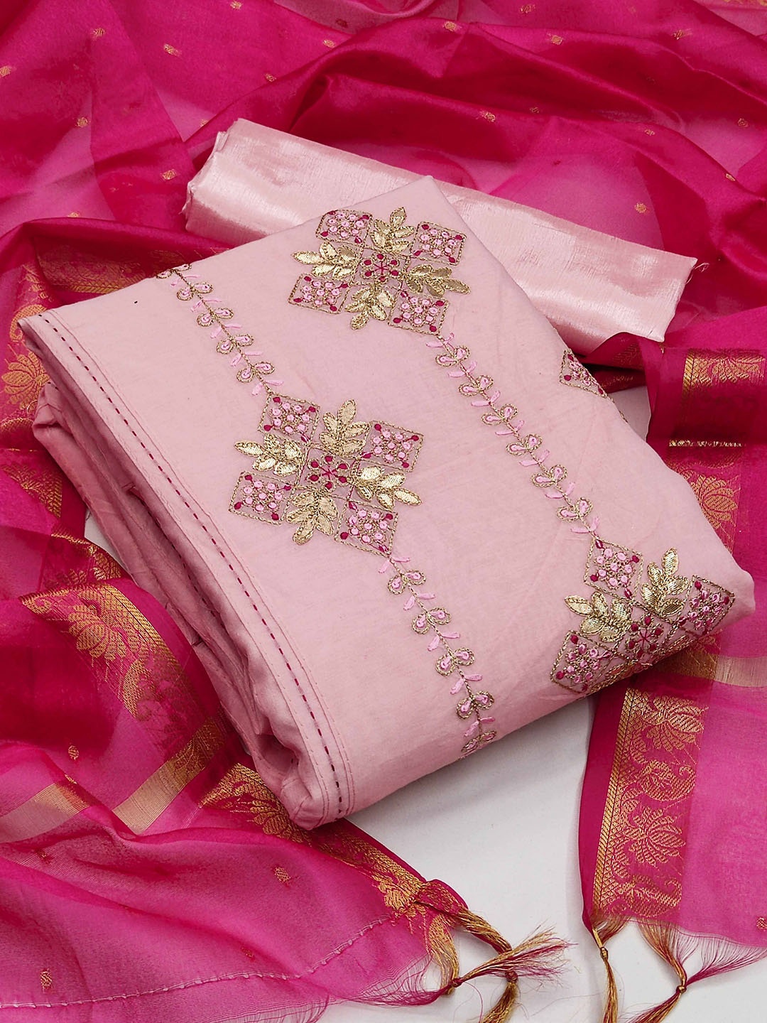 

Ishin Floral Embroidered Zari Work Unstitched Dress Material, Pink