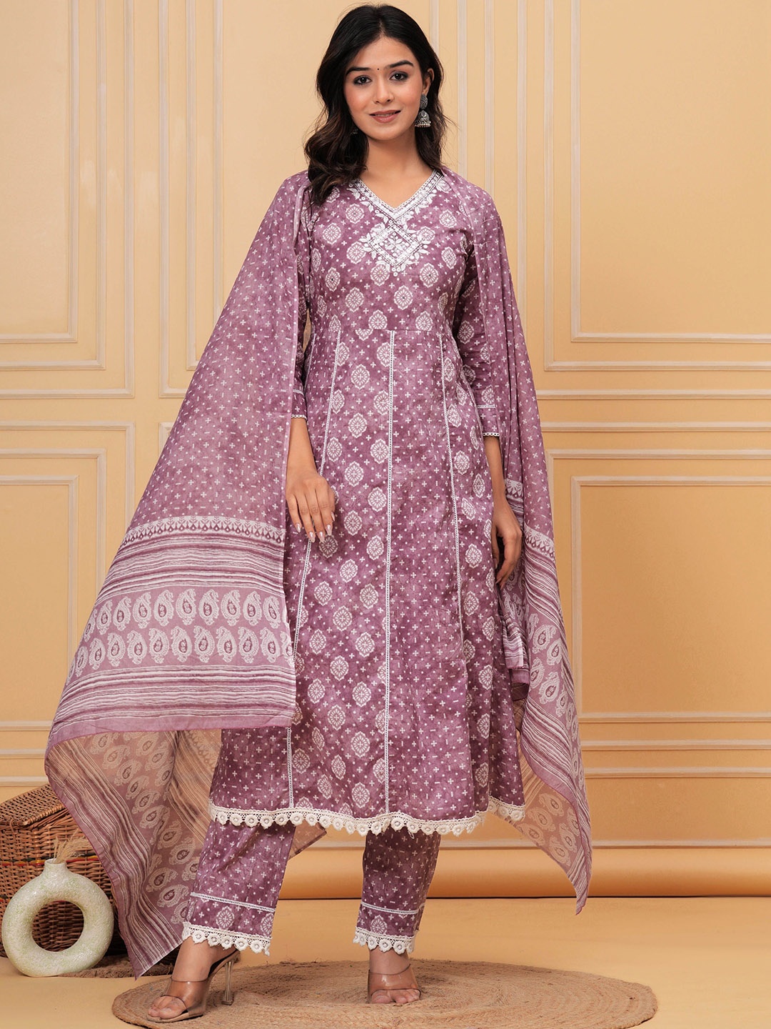 

KALINI Floral Printed Panelled Pure Cotton A-Line Kurta With Trousers & Dupatta, Purple