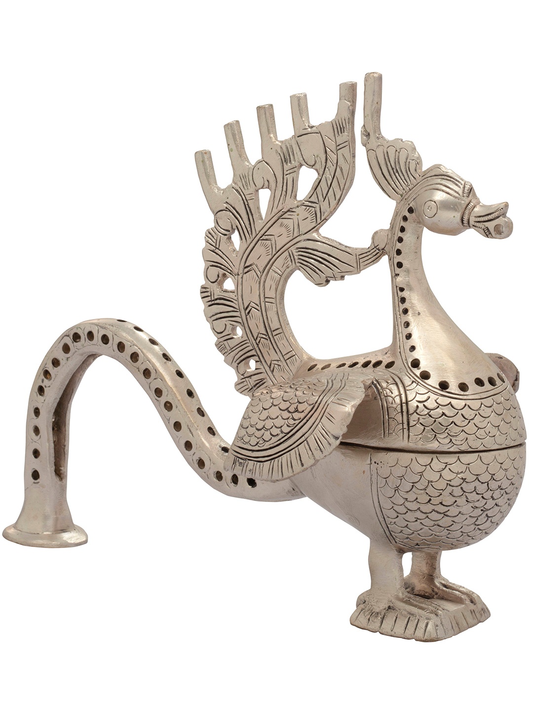 

Exotic India 9" Handheld Peacock-Breast Incense Vessel In Brass, Silver