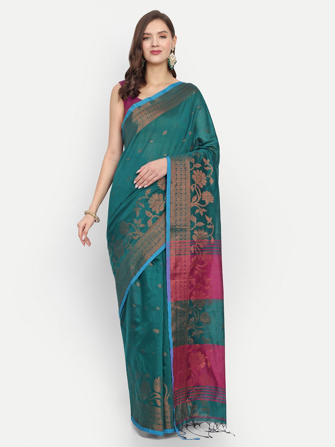 

BENGAL HANDLOOM Woven Design Zari Art Silk Taant Saree, Green