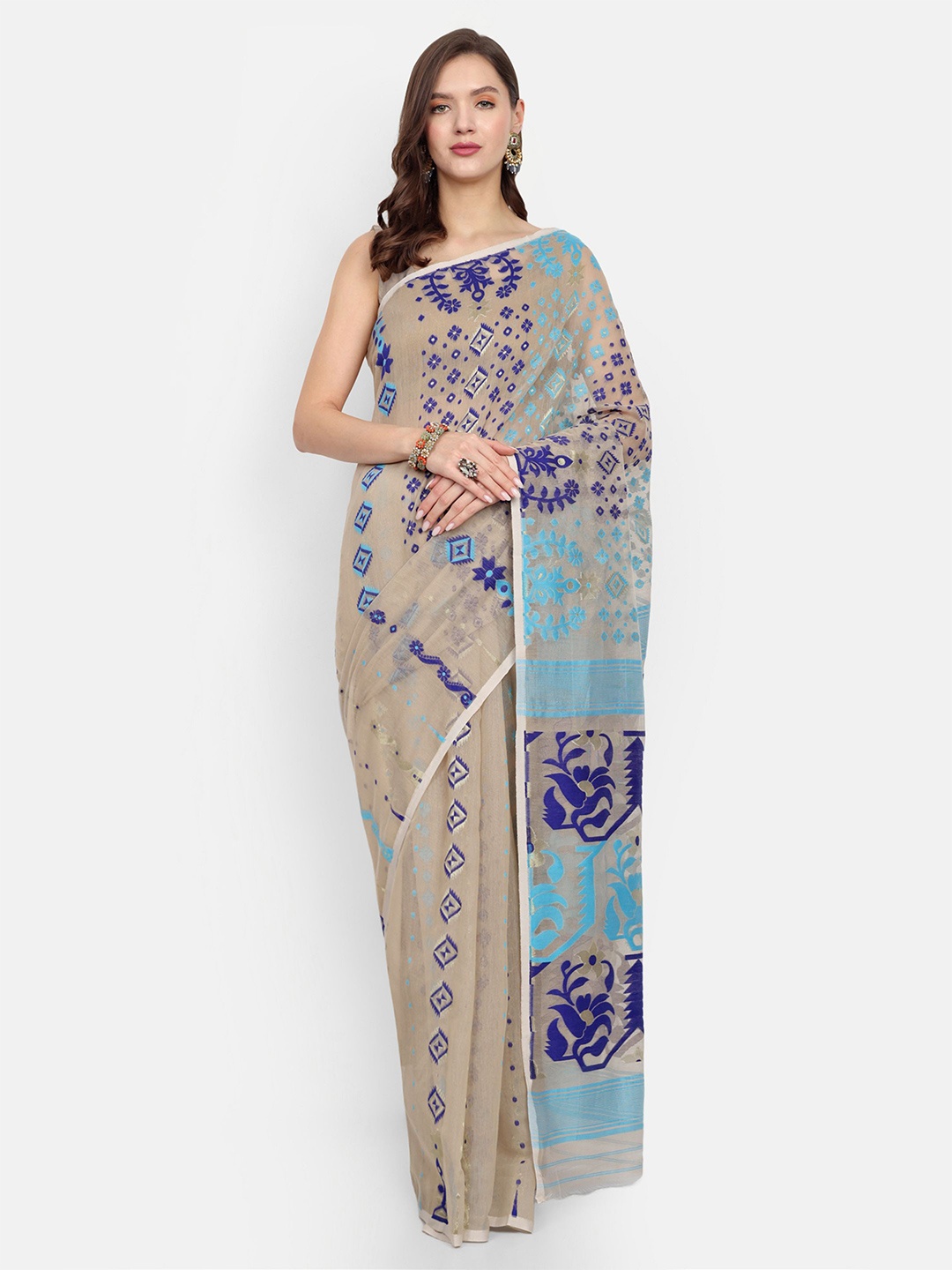 

BENGAL HANDLOOM Ethnic Motifs Art Silk Taant Saree, Brown