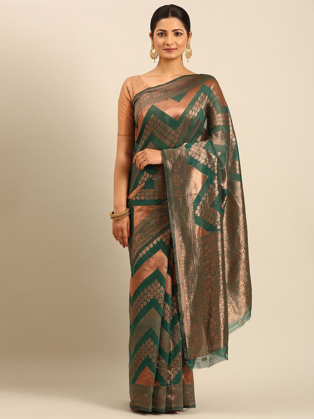 

Fashion Petals Woven Design Zari Saree, Green