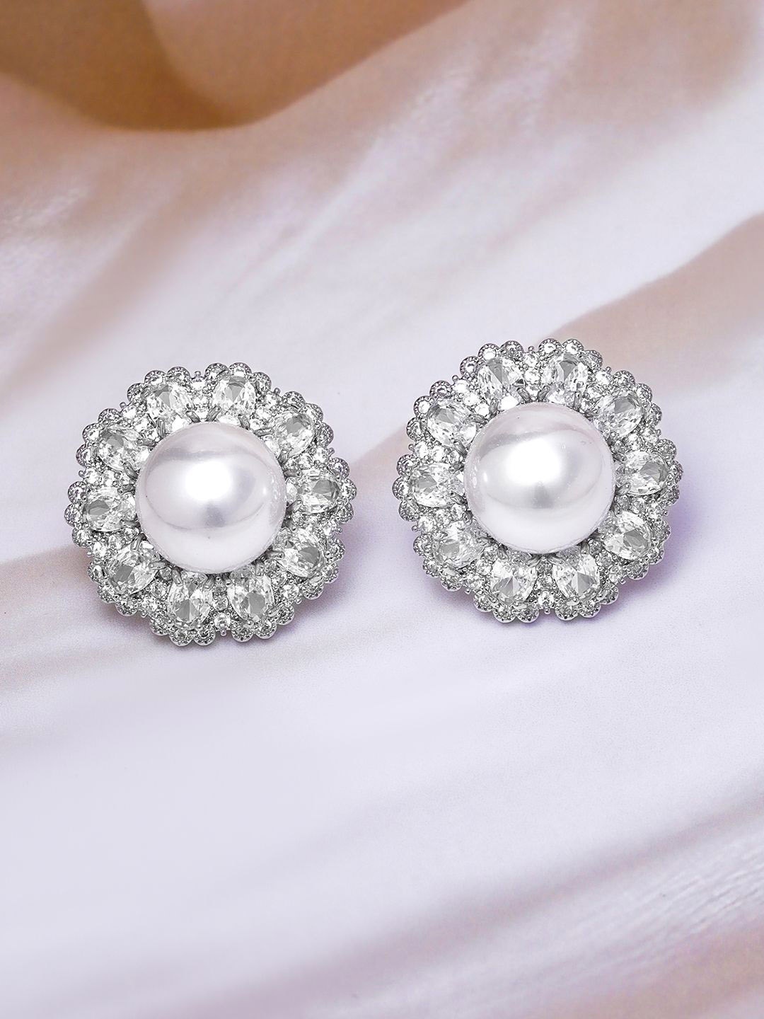 

Rubans Rhodium-Plated AAA Crystal CZ & Pearl Studded Oversized Stud Earrings, Silver