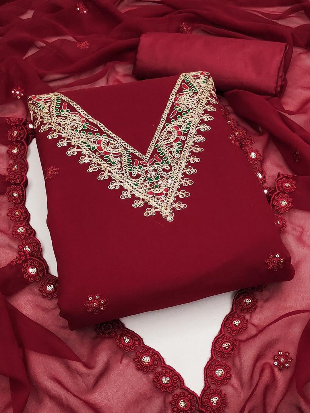 

APNISHA Sequin Ethnic Motifs Embellished Silk Georgette Unstitched Dress Material, Maroon
