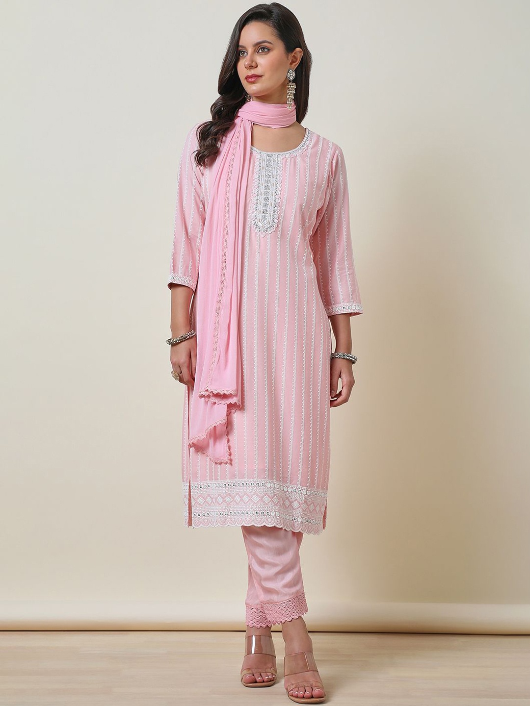 

Soch Embroidered Thread Work Straight Kurta with Trousers & Dupatta, Pink