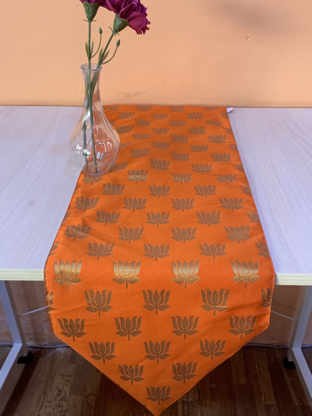 

Pink Parrot Orange & Gold-Toned Floral Printed Table Runner