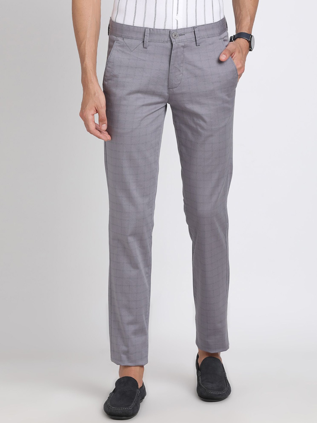 

Turtle Men Checked Tailored Slim Fit Chinos Trousers, Grey