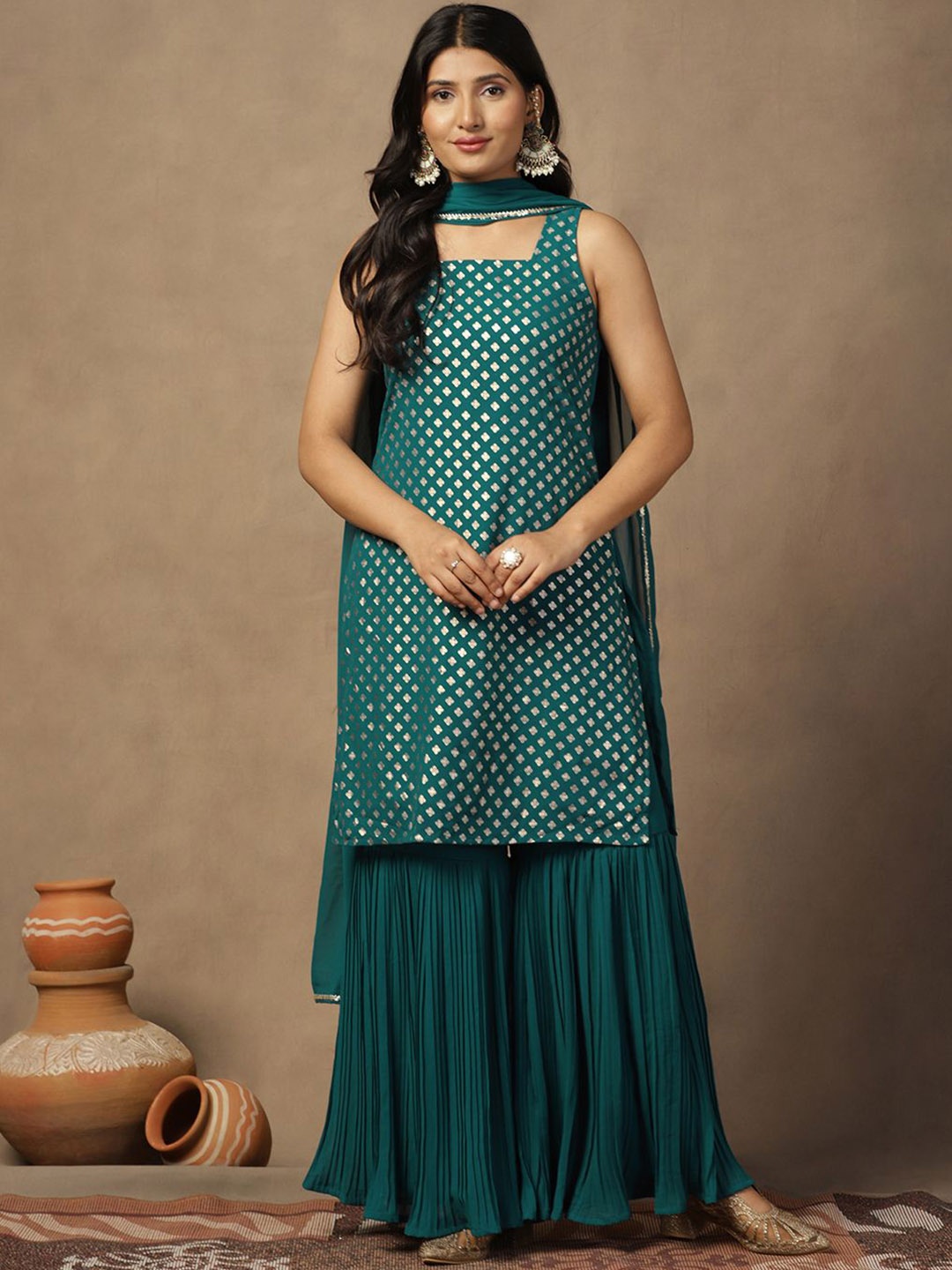 

BAESD Geometric Printed Regular Georgette Straight Kurta with Sharara & Dupatta, Green