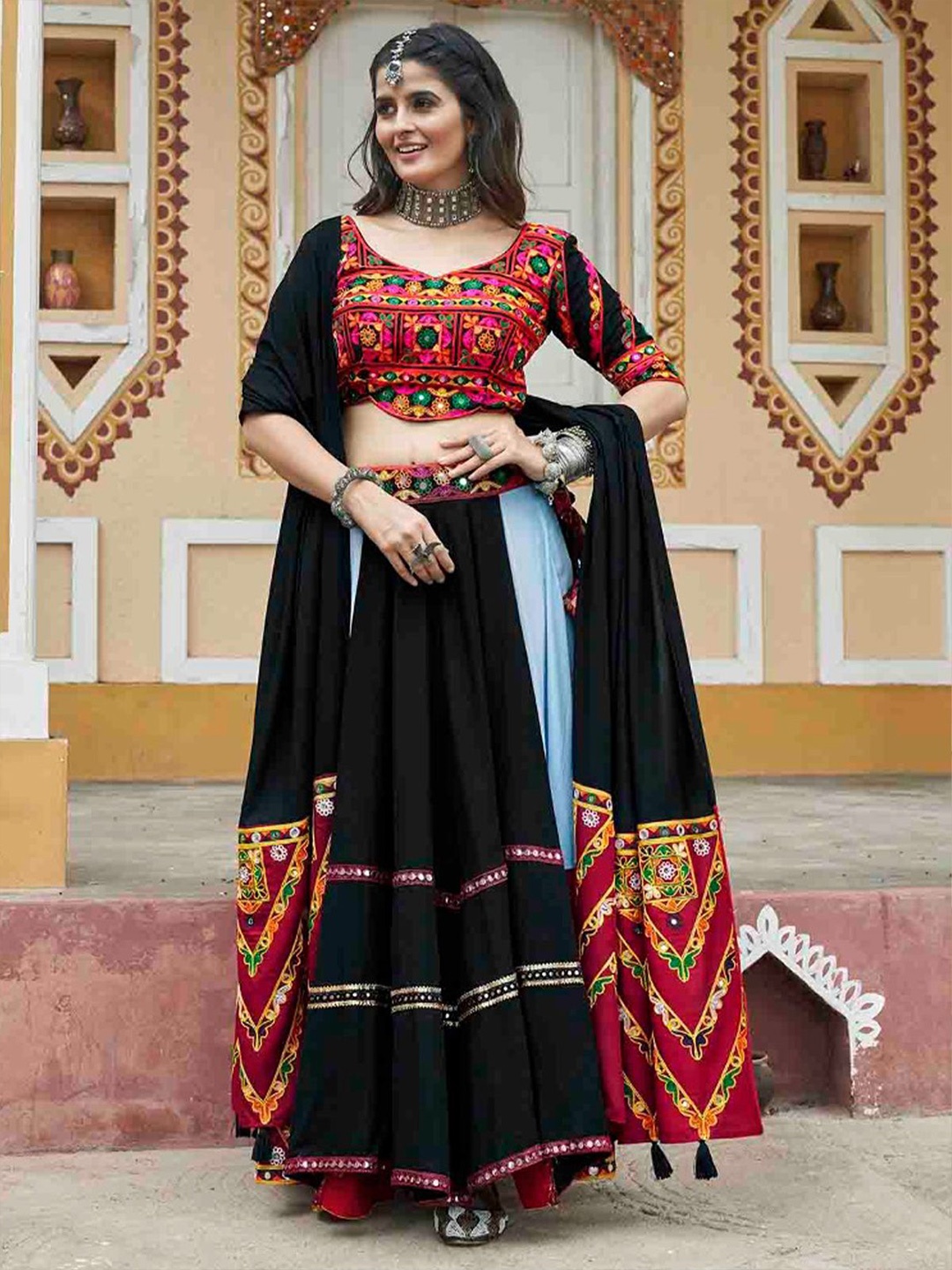 

ODETTE Embroidered Ready to Wear Lehenga & Blouse With Dupatta, Black