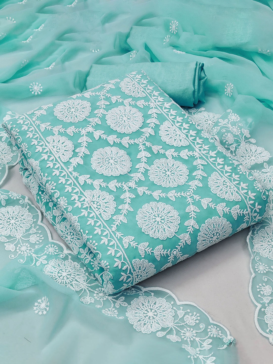 

Ishin Floral Embroidered Silk Georgette Unstitched Dress Material, Sea green